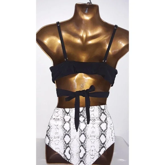 NIP Bikini Sz L Animal Print High Waist Bottoms, Padded Black Strappy Top - Picture 3 of 7